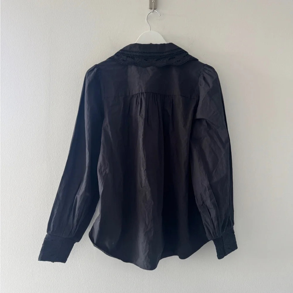 FARM RIO Embroidered Eyelet Puff Sleeve Button Up Black Shirt M